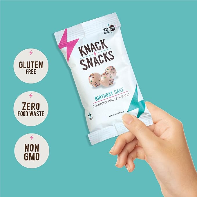 Knack Snacks | Crunchy Protein Balls - Vanilla Birthday Cake Flavor (10x 1.2oz Bags) | Lunchbox Ready, High Protein, Naturally Gluten Free, Lower Sugar, Snack for School, Work, Travel, Parties, Gaming