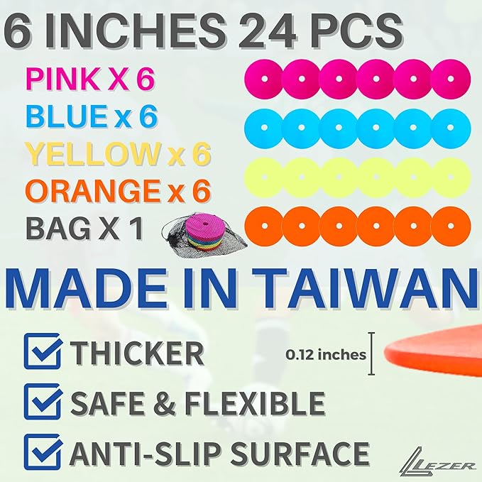 LEZER 6 Inch 8 Inch Flat Cones, Spot Markers, Soccer Cones, Field Court Markers, Sit Spots, Flat Discs, Soccer Training Equipment, Agility Practice, Football, Made in Taiwan