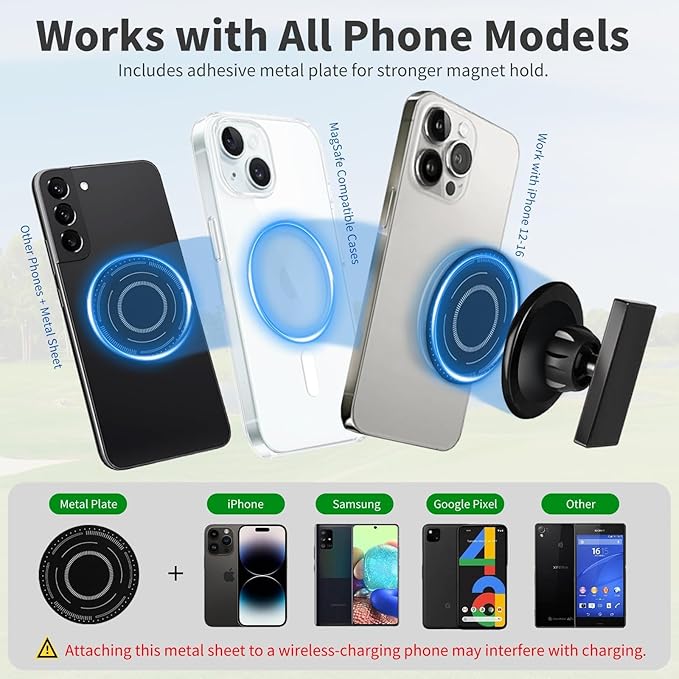Magnetic Golf Cart Phone Holder Work with Magsafe iPhone 16-12 Series and All Phones, Fits Yamaha, EZGO, Club Car Golf Cart, Alloy Strong Magnetic Phone Mount for Gym, Kitchen, with Metal Plate