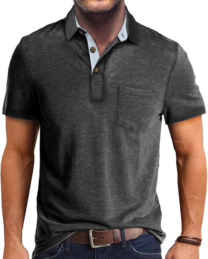 Men's Casual Polo Shirts Classic Button Basic Short Sleeve Shirt Solid Color Cotton Tees Golf Stylish Tops