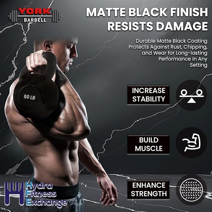 York Barbell Kettlebell Weights – 5lb to 80lb Cast Iron Kettlebells with Matte Black Finish – Full Body Strength Training & CrossFit Conditioning – Ideal for Russian Swings, Squats, Presses & More