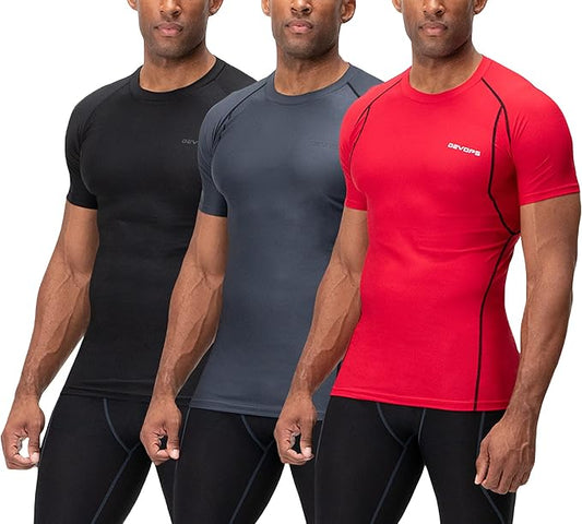 DEVOPS 3 Pack Men's Cool Dry Short Sleeve Compression Shirts, Sports Baselayer T-Shirts Tops, Athletic Workout Shirt