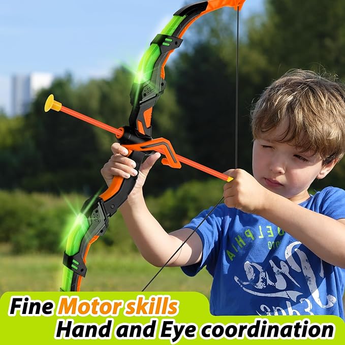 Bow and Arrow for Kids 8-12, Upgraded Kids Archery Set with Automatic Moving Target, Sport Game Toy with 20 Suction Cup Arrows 2 Led Light Bows&Quivers, Gift for Boy Girl Age 3 4-6 10(2Pack)