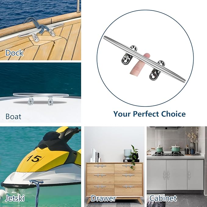 Boat Cleat 6 Inch 316 Stainless Steel, Dock Cleat 8 Inch Heavy Duty Open Base Include Screws, Boat Dock Cleats 10 Inch with Backing Plate for Boats, Kayak, Marine, Deck and Decor(2,4,6 Pack)