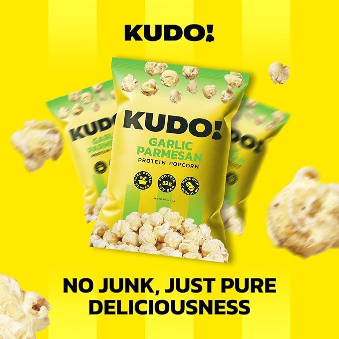 Kudo - Garlic Parmesan Kettle-Popped Protein Popcorn - Whole Grain, No Preservatives, No Artificial Flavors, Zero Trans Fat, Tasty Snack - 4oz