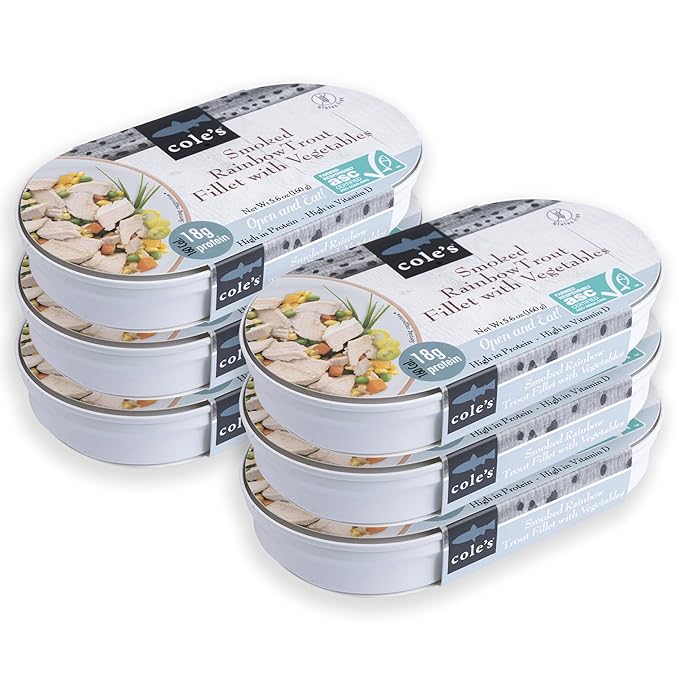 COLE’S - Smoked Rainbow Trout Fillet with Vegetables | Ready to Eat Meal | 5.6 oz Hand-Packed Canned Fish | 18g Protein | High in Vitamin D | 6 pack