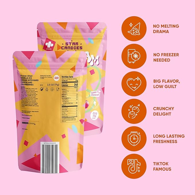 Star Candies Freeze Dried Ice Cream Hard Cheese with Cranberries | No Melting Freeze Dried Candy | Crunchy Camping Food | Premium Astronaut Ice Cream for Kids and Adults | Space and Astronaut Snack | Gift Set for Birthday or Party (7.5 oz; 3 pack)