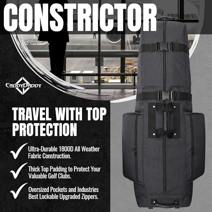 CaddyDaddy Constrictor Soft-Sided Golf Travel Bag Cover with Thick Dense Foam Padded Top 1 Year Full Travel Bag Replacement Coverage | Wheels & Lockable Zippers Case for Transporting Clubs on Airlines