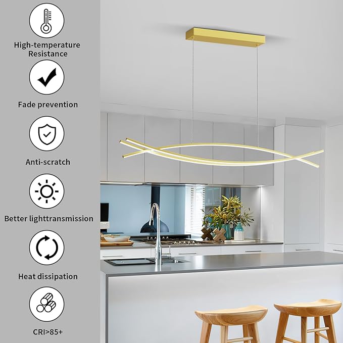 Modern LED Pendant Lights, 47in Gold Chandelier Dimmable with Remote Control 3000k-6000K Adjustable Color Temperature, Aluminum Island Lighting Lamp Fixture for Kitchen, Dining Room