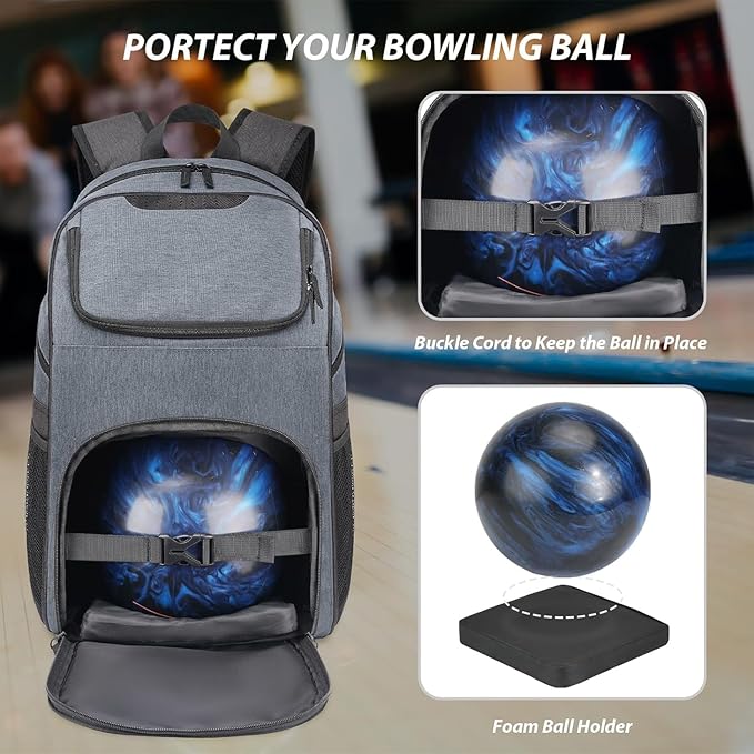 Bosynoy Bowling Backpack, Bowling Ball Bag Totes for Single Ball with Shoe Compartment & Foam Padded, Fits Shoes Up to US Mens Size 16, Grey