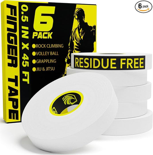 Finger Tape 2 or 6 Pack, Black or White Finger Tape | Residue Free Skin Friendly Strong Athletic Sports Tape | 0.5” x 45 Ft for BJJ Jiu Jitsu Grappling MMA Knob Tape Weight (White, 6 Pack)