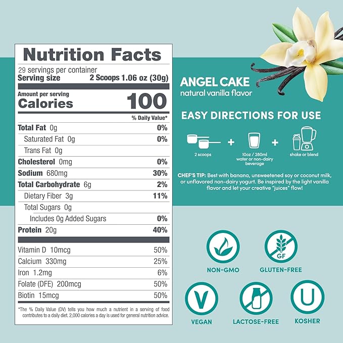 Designer Wellness, Soy Isolate Protein Powder with Biotin, Hyaluronic Acid, and Prebiotics, Vegan, 0 Sugar, Non-GMO, Angel Cake Vanilla, 1.87 lb