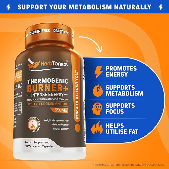 Herbtonics Thermogenic Burner + Apple Cider Vinegar – Weight Management Supplement for Women & Men, Supports Appetite Management, Metabolism & Energy, 60 Vegetarian Capsules