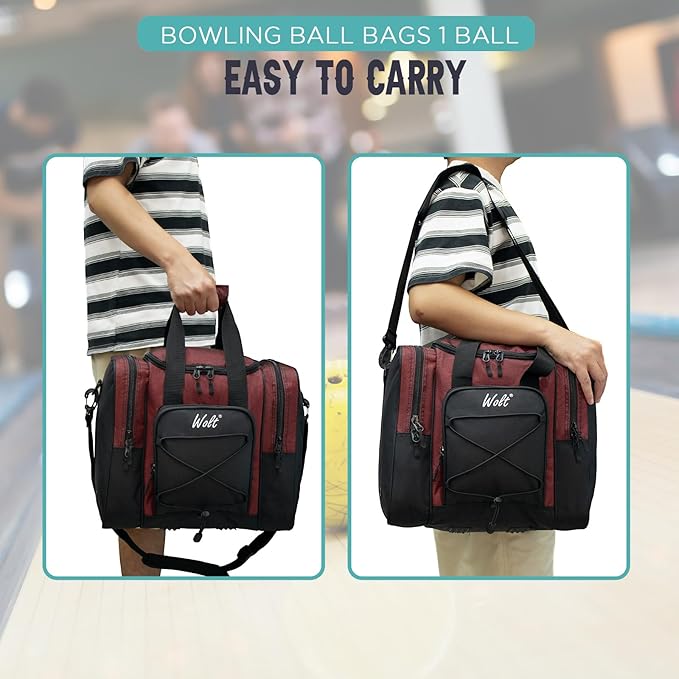 WOLT Bowling Ball Bag for Single Ball - Bowling Ball Tote Bag with Padded Ball Holder, 2 Pockets fit Bowling Shoes Up to Mens Size 14 and Accessories