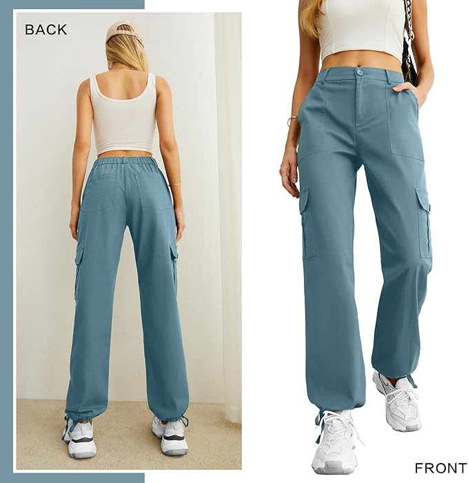 Lepunuo Women's High Waisted Cargo Pants Travel Y2K Streetwear Baggy Stretchy Pants with 6 Pockets Drawstring Ankle Cuffs