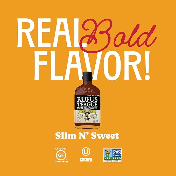 Rufus Teague Sugar-Free BBQ Sauce Slim N' Sweet, Keto Sauce with Stevia, Natural Ingredients, Low Calorie, Award-Winning, Gluten-Free, Kosher, Non-GMO, 12.25 oz