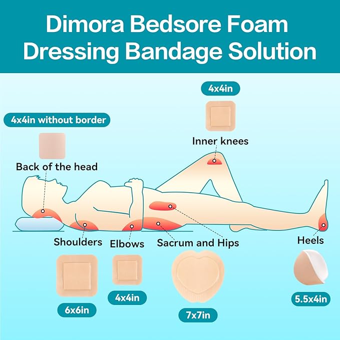 Dimora Wound Dressing Sacrum Foam Bandages Silicone Adhesive Border 7"x7" Waterproof Sacral Pads Absorbent Breathable Bed Sore Pressure Dressing