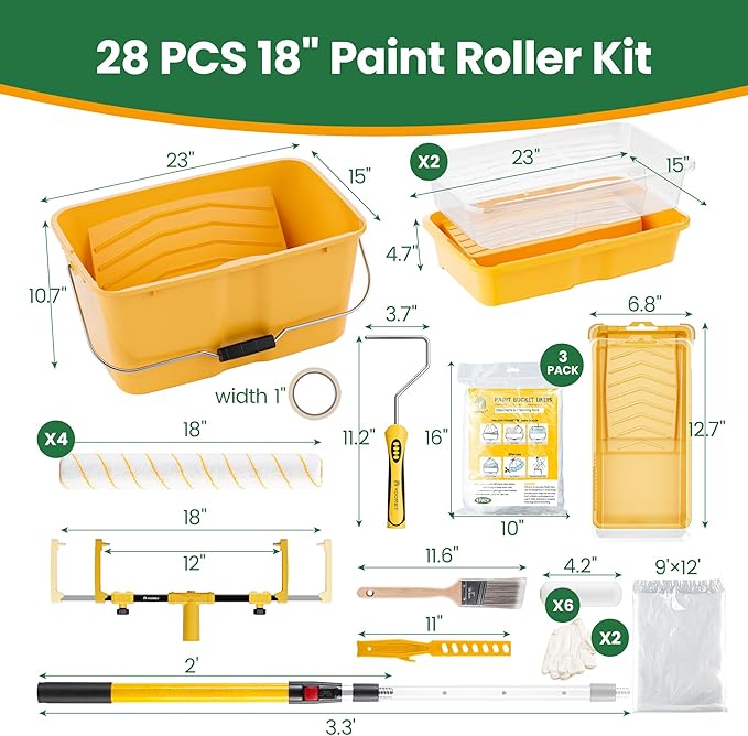 VOOMEY 28PC 18 Inch Paint Roller Kit, Paint Bucket,18" Paint Tray, 4 Inch Foam Paint Roller with 40 Inch Extension Pole,Ideal for Fast Large Area Painting Room and Small Area Detail Painting