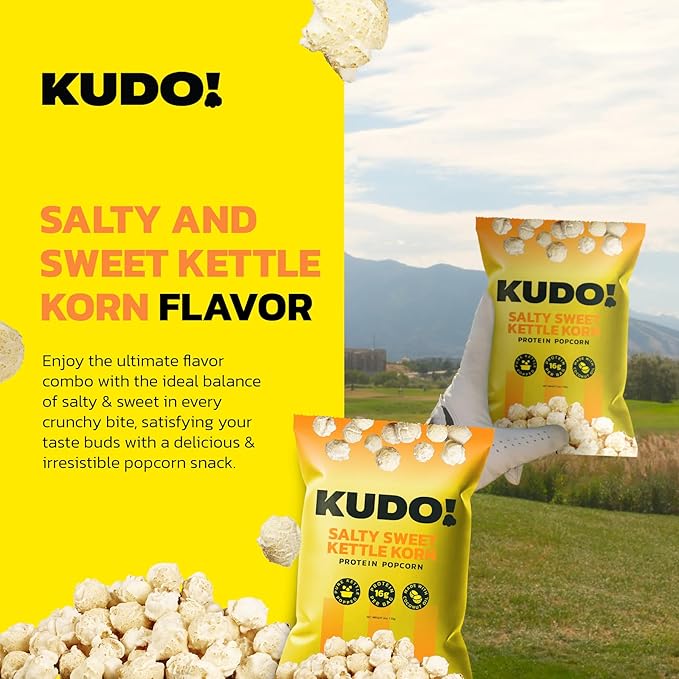 Kudo - Salty Sweet Kettle Korn - Protein Popcorn - Seed Oil Free, Gourmet Flavor, Mushroom Kernel, 8g Protein, Snack Anytime Anywhere - 2oz