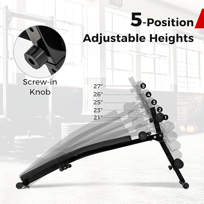 Goplus Adjustable Decline Sit Up Bench for Exercise, Foldable Curved Slant Bench with High Density Foam Cushioned Seat, Heavy Duty Metal Frame, Full Body Ab Workout Equipment for Home Gym, Black