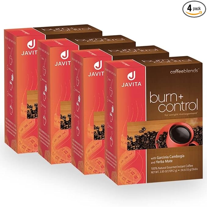 Javita Burn + Control Instant Coffee, Weight Management Herbs: Garcinia Cambogia & Yerba Mate, Slimming Coffee with Help of Exercise, Keto, Dieters Drink, 4 box / 24 (4.55g Sticks), 96 Count