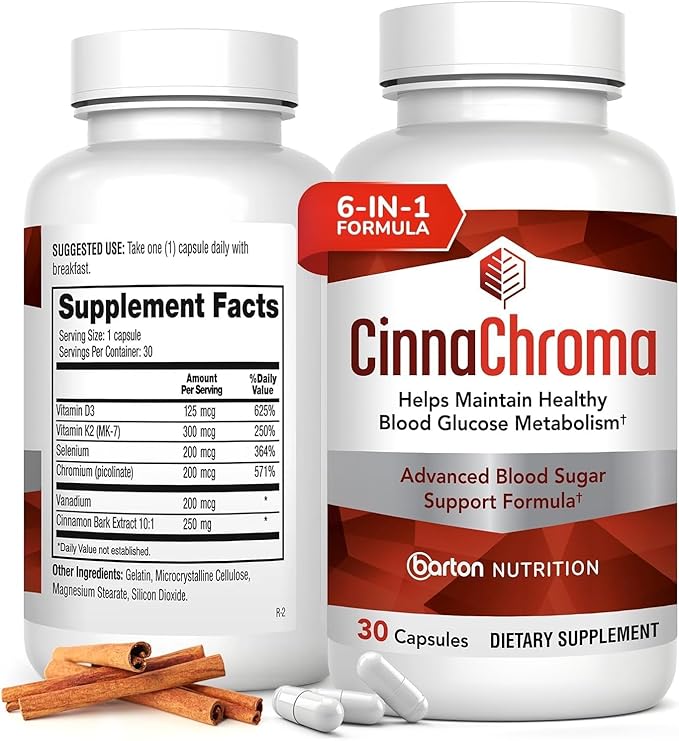CinnaChroma Capsules - Cinnamon Supplements with 10:1 Extract, Chromium, Vanadium, Selenium, Vitamin D3 & K2 - Natural Sugar Blocker - 30 Capsules, 1 Month Supply
