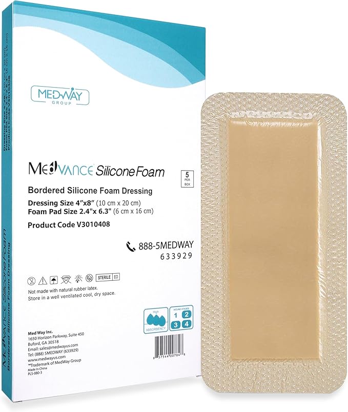 MedVanceTM Silicone - Bordered Silicone Adhesive Foam Dressing Size 4”X8” (2.4"x 6.4" Pad) Box of 5 dressings…