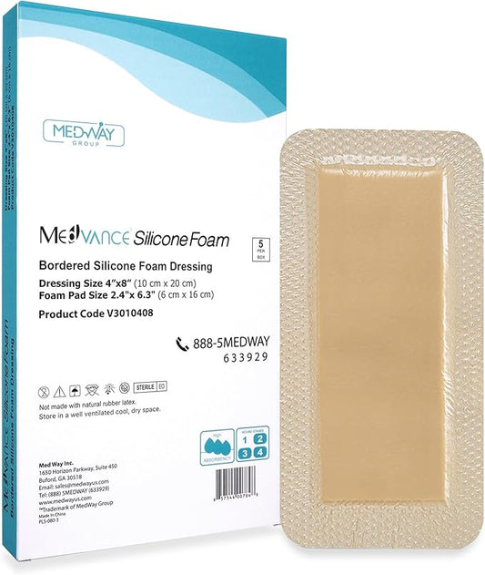 MedVanceTM Silicone - Bordered Silicone Adhesive Foam Dressing Size 4”X8” (2.4"x 6.4" Pad) Box of 5 dressings…