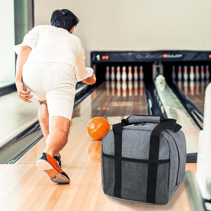 Single Bowling Ball Bag 1 Ball Extra Ball Organizer with Padded Ball Holder, Portable Small Zipper Case with Mesh Pocket, Bowling Gifts for Men, Kids, Beginners (Gray)