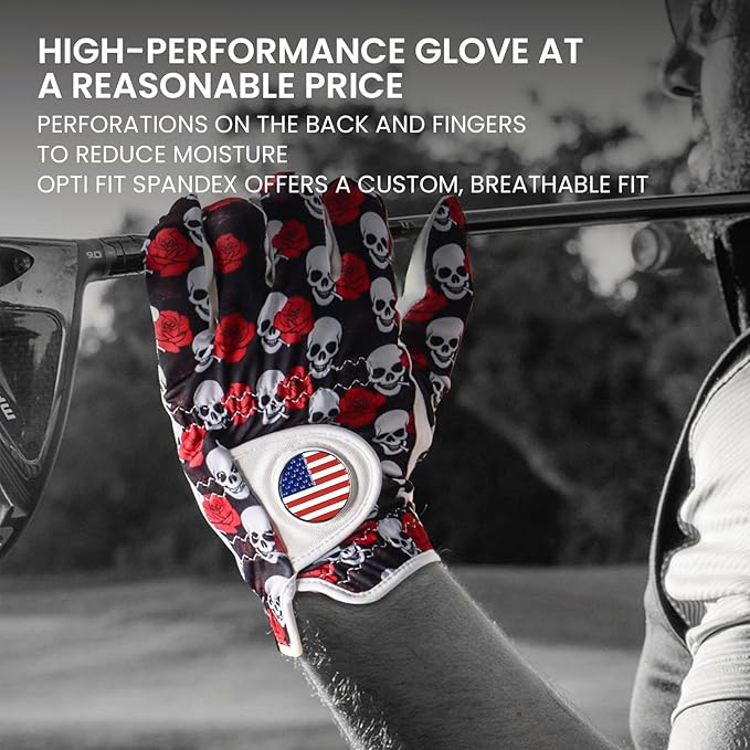 FINGER TEN Golf Gloves Men Left Hand Right with Ball Marker USA Flag Blue Camo Plaid Pack, Mens Leather Golf Glove All Weather Grip Small Medium ML Large XL