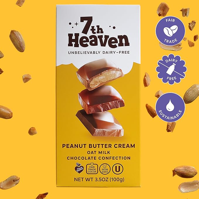 7th Heaven, Vegan Peanut Butter Cream Oat Milk Chocolate Bar (3.5oz Full Size Candy Bars - 4 Packs) - Perfect for Easter Candy, Plant Based Dairy Free Chocolate with Peanut Butter Filling, Fair Trade Cocoa & Coconut Oil, Kosher Parve