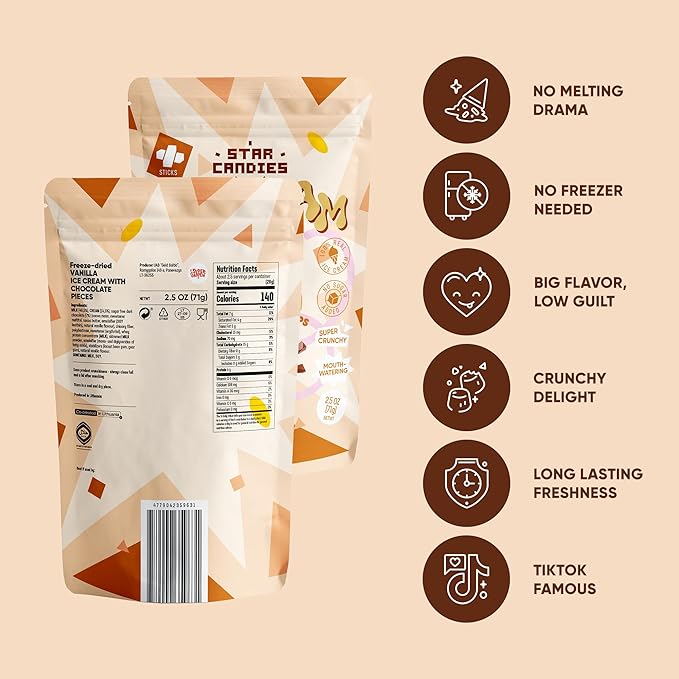 Star Candies Freeze Dried Ice Cream Vanilla Chocolate Pieces | No Melting Freeze Dried Vanilla Ice Cream Candy | Crunchy & Delicious Camping Food | Premium Astronaut Snack | No Added Sugar | (2.5 oz)