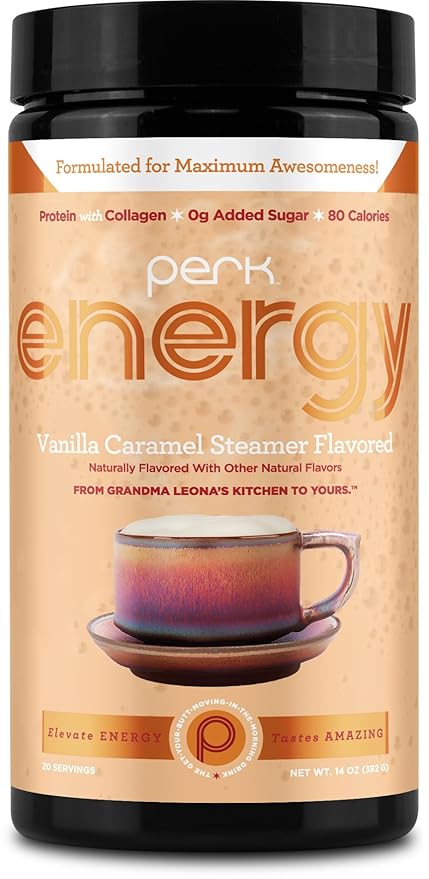 Perk Energy Original Vanilla Caramel Steamer Flavored Drink Powder (20 Servings) - Gluten-Free, Peanut-Free