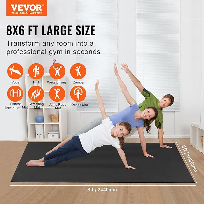 VEVOR Large Exercise Mat, Non Slip High Density Premium Yoga Mat, Exercise Yoga Mat for Men Women, Fitness & Exercise Mat with Bag & Carry Strap, for All Types of Home Yoga, Pilate & Floor Workout