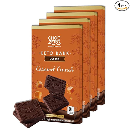 ChocZero Vegan Caramel Crunch Keto Bark, Dark Chocolate Candy Bar with Caramel, Dairy Free, Sugar Free, Gluten Free, 3.2 Ounce (Pack of 4)