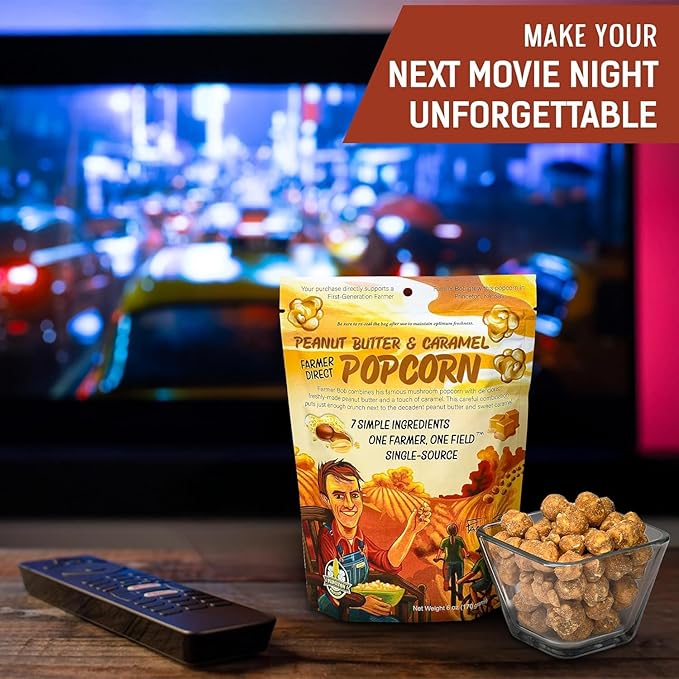 Gourmet Popcorn Bags, Peanut Butter Caramel Corn, Vegan, Gluten Free, Non-GMO, 7 Ingredient, Healthy Resealable Snack, 6oz Bag, Perfect Snacks for Adults, Peanut Butter Pretzels Flavor Farmer Direct - PuffyCrunch by Princeton Popcorn USA Made