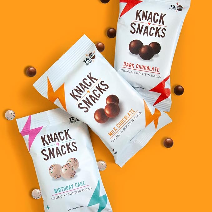 Knack Snacks | Snack Pack | Crunchy Protein Balls - Variety Pack (3x 1.2oz Bags) | Lunchbox Ready, High Protein, Naturally Gluten Free, Lower Sugar, Snack for School, Work, Travel, Parties, Gaming