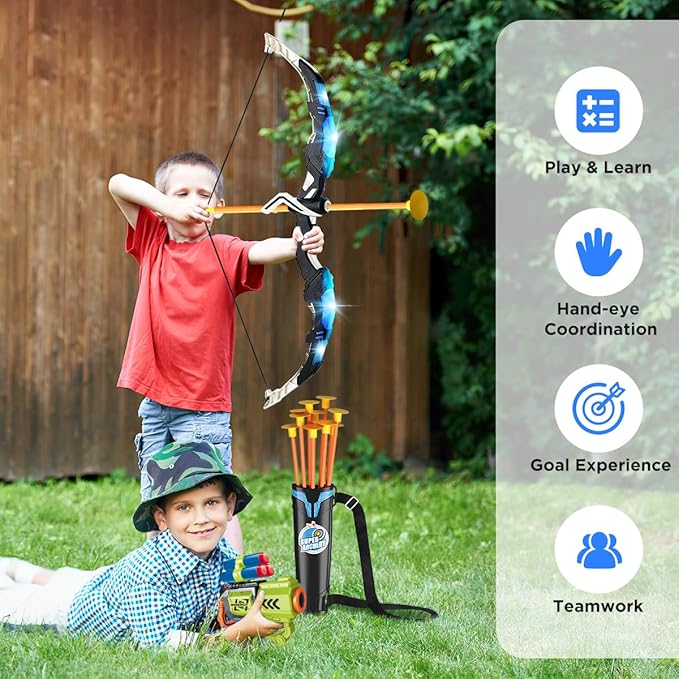 VATOS 2 Pack Bow and Arrow Toy for 5 6 7 8 9 10 11 Year Old Boys Girls, Light Up Archery Toy with Cup Suction Standing Target & 29 in Dart Board, Indoor Outdoor Activity Toys Birthday