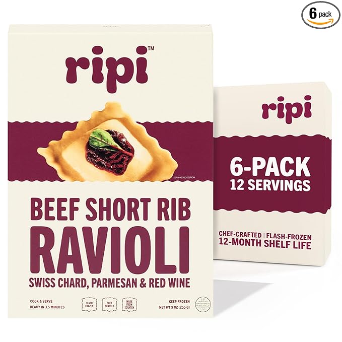 Ripi Braised Short Rib Ravioli - Red Wine, Swiss Chard & Parmesan - Frozen Pasta Meal - Ready in Under 5 Minutes, 9oz packs (6 Pack, Beef Short Rib)
