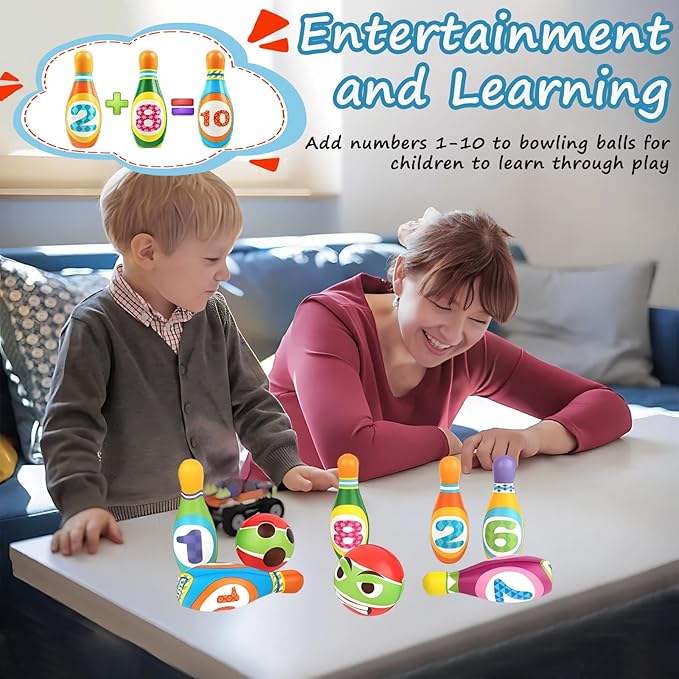 Kids Bowling Set Toy - 10PCS Soft Numbered Pins & 2 Foam Balls for Toddler Boys Girls Age 3-5, Indoor Outdoor Sports Game, Preschool Learning Toy, Birthday Gift for Ages 3 4 5 6