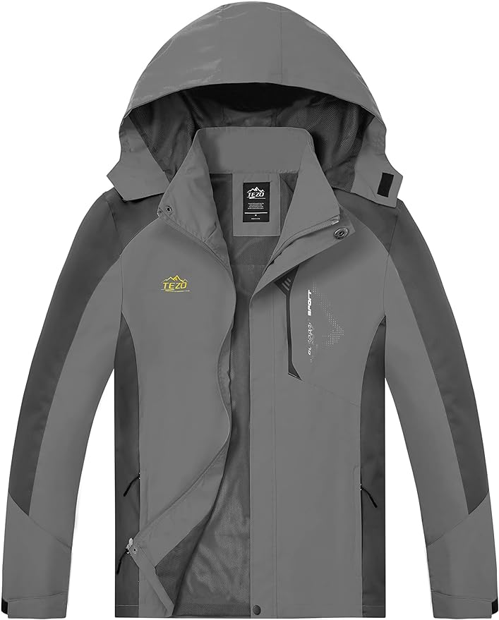 TEZO Mens Rain Jacket Waterproof with Hooded Hiking Coat Lightweight Windbreaker