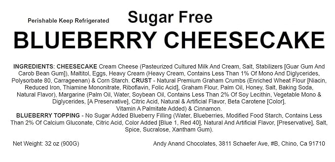 Andy Anand Sugar Free Blueberry Cheesecake 9" - Fresh California Cream Cheese, Amazingly Delicious, Diabetic Friendly, Traditional Recipe Handmade New York Style, Rich & Silky (2 lb)