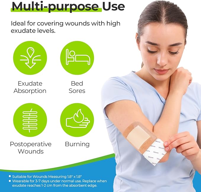 AUVON Silicone Foam Dressing with Large Adhesive Border, 3" x 3" 10 Packs Wound Dressing Bandage with High Absorbency, Waterproof Silicone Foam Pads for Wound Care & Protection Plus Cushioning