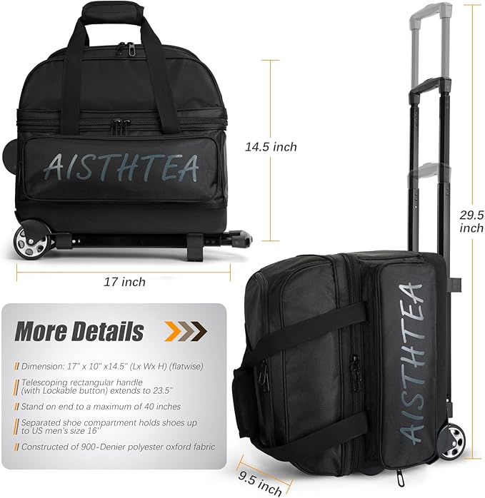 2-3 Ball Bowling Bag with Wheels, Rolling Trolley Bowling Bags with Large Separate Shoe Compartment and Oversized Accessory Pocket