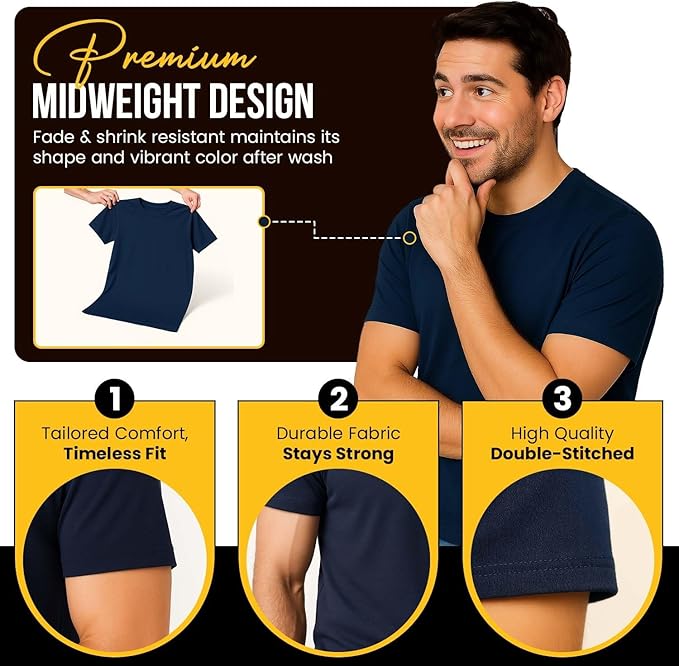 Men's Short Sleeve Crewneck T-Shirt 100% Cotton - Classic Colors - Breathable Mesh Fabric - Ideal for Sports & Everyday Wear