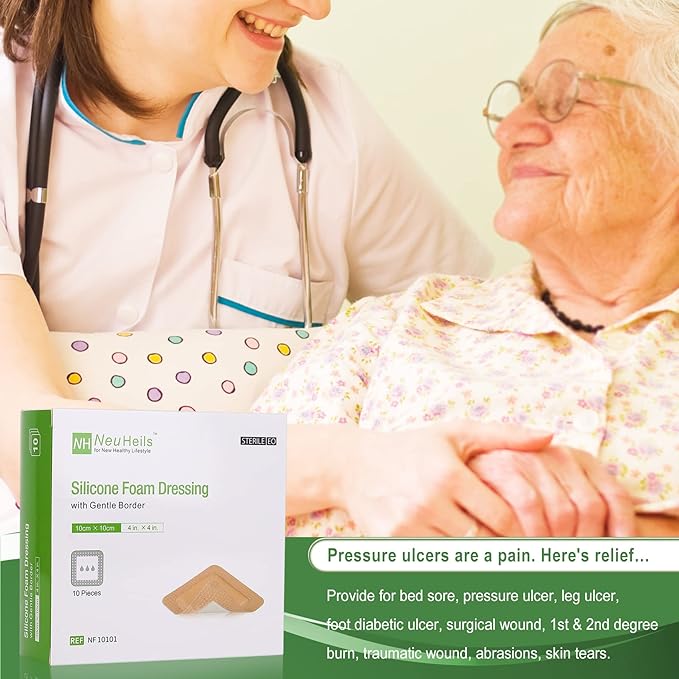 NeuHeils Silicone Adhesive Foam Dressing with Gentle Border 4''x4'' for Bed Sore Leg Ulcer 10 Pack, High Absorbency Waterproof Silicone Wound Bandage