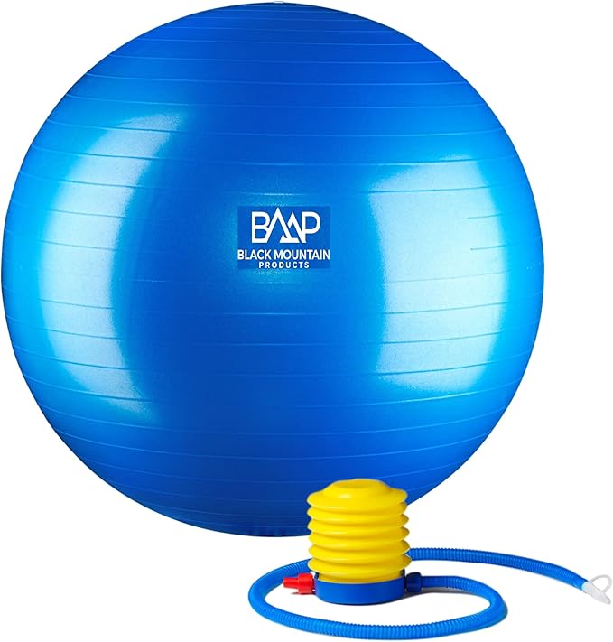 Black Mountain Products Professional Grade Exercise Stability Yoga Ball, Foot Pump, Ball Plug, Plug Puller, 2000 Pounds Static Weight Capacity Antiburst