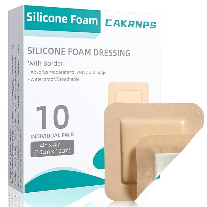 Silicone Foam Dressing 4“ x 4” with Adhesive Border,10 Packs Waterproof Silicone Bandages for Wounds Care, Large Self Adhesive Wound Dressing Bandage for Bed Sore