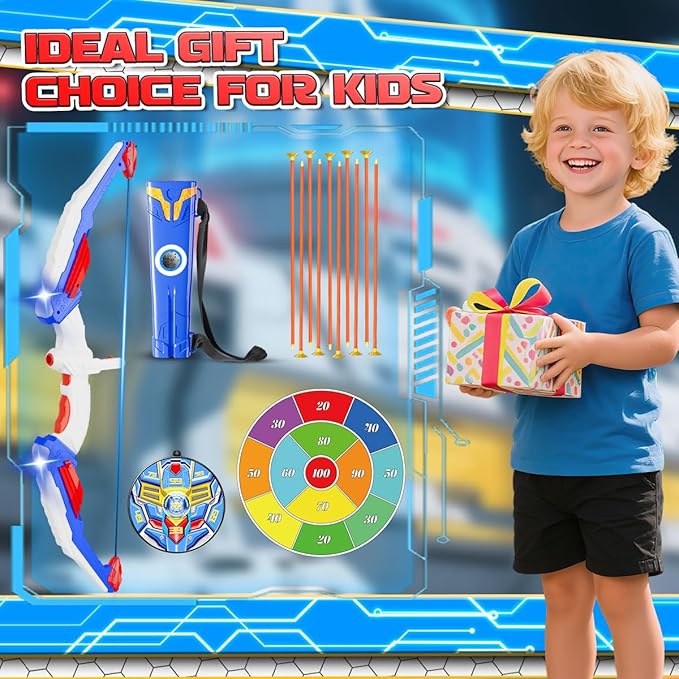 Kids Bow and Arrow Set, LED Light Up Archery Toy Set with 10 Suction Cup Arrows, 2 Target & Quiver, Indoor and Outdoor Toys Sport Gifts for Kids, Boys & Girls Ages 5 6 7 8 9 10 11 12