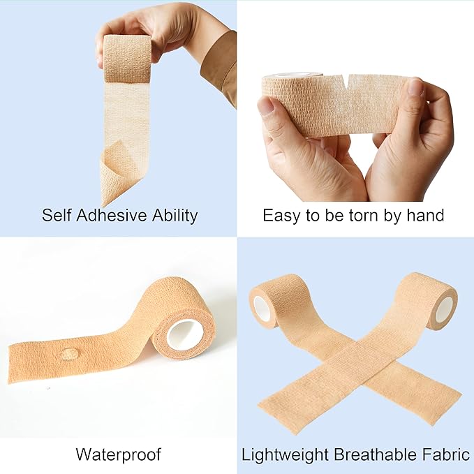 10 Pack Self Adherent Bandage Wrap Elastic Cohesive Bandage Self Adhesive Tape Vet Wrap Tape 2 Size (8Pack 2'' and 2Pack 1''), Skin Color